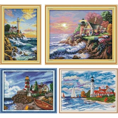 Joy Sunday Seaside Scenery Cross Stitch Kits Chinese Lighthouse Needlework Home Decor Design Embroidery Needle Factory Promotion