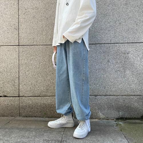 2021 Mens New Loose Black/blue Straight Pants Solid Color Casual Pants Baggy Homme Cargo Pocket Jeans Pants Men Denim Trousers