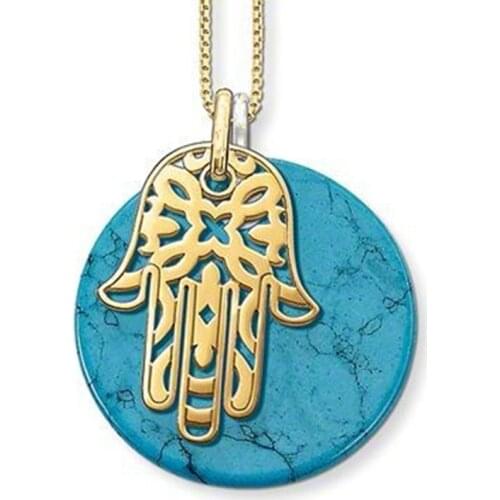 Gold-color Fatima Hand & Turquoise Disc Pendants Chokers Necklaces Pendants, European Most Fashion Jewelry Bijoux Gift for Women