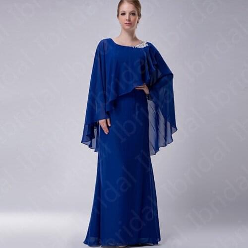 On Sale Charming Royal Blue Mother of the Bride Dresses with Shawl Chiffon Wedding Party Dresses Jewel Neck Zipper Back Applique