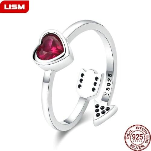 Real 925 Sterling Silver Red Heart And Love Arrow Red CZ Finger Rings for Women Wedding Engagement Jewelry