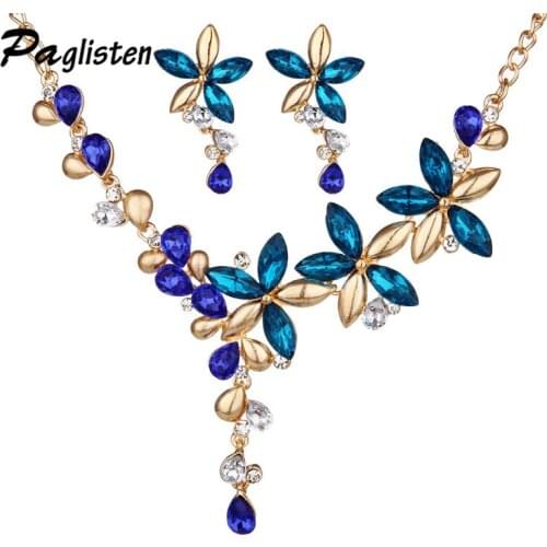Luxury Gold Color Flower Jewelry Sets For Women Wedding with Colorful Crystal Flower Necklace/ Earrings Engagement Party Gift