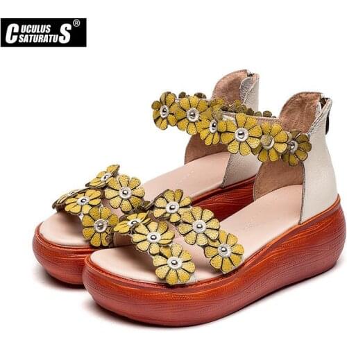 Summer Women Genuine Leather Sandals Flower Stitching Sandals Ladies Open Toe Casual Shoes Platform Wedge Sandals Beach Shoes