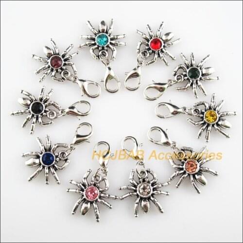 10 New Spider 17x19mm Charms Mixed Round Crystal Tibetan Silver Plated Retro With Lobster Claw Clasps