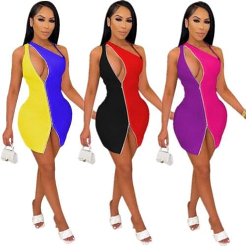 Somoshein S-2XL Women Fashion Summer Mini Dress Stitching Color Irregular Zip Halter Club Sexy Dresses Wholesale Dropshopping