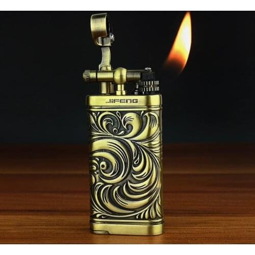 JIFENG Vintage Metal embossed oblique flame pipe special gas lighter New Creative Butane inflatable men smoking gift (No fuel)