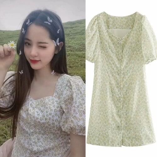 Foreign Trade Womens French Niche Bubble Sleeve Dress Small Fresh Fairy Crushed Flower Skirt DLQZ2044