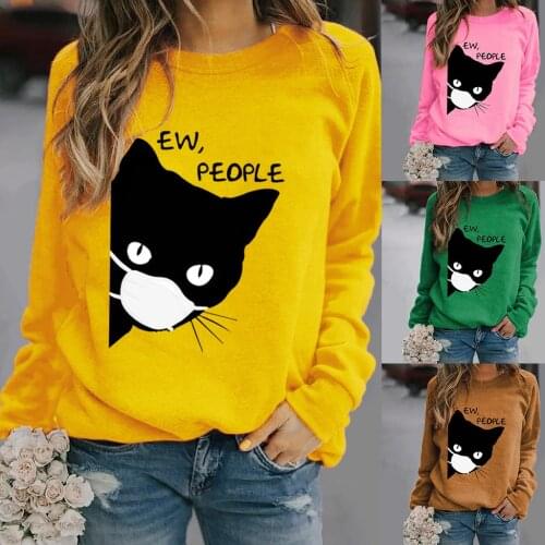 Women Hoodie Wearing Mask Cat Printed Hoodies Women Fleece Long Sleeve O Neck Loose Sweatshirt Girls Pullovers Autumn Winter