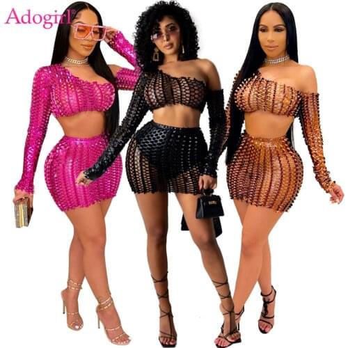 Adogirl Women Sexy Hollow Out Two Piece Set Dress One Shoulder Long Sleeve Crop Top Bodycon Mini Skirt Night Club Party Suits