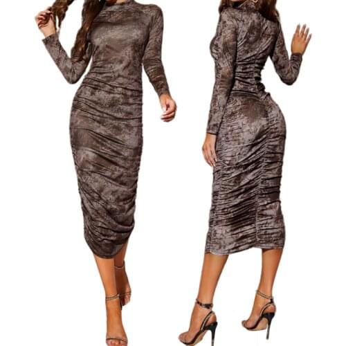 Women Close-fitting Long Sleeve Dress Spring Autumn, Chocolate Tie-dyed Printed Pattern Slim Turtleneck Dresses Daily Wear