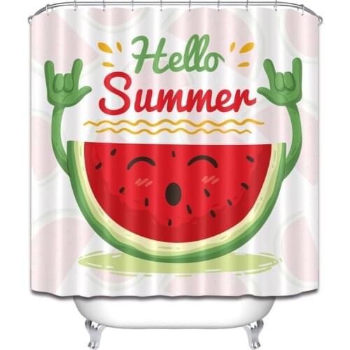 72'' Hello Summer And Cartoon Watermelon Smile Bathroom Waterproof Fabric Shower Curtain Polyester 12 Hooks Bath Accessory Sets