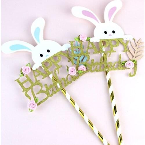1 Pcs Lovely Easter Happy Birthday Rabbit Flower Cake Topper Banner for Wedding Birthday Favors Cake Baking Party Supplies