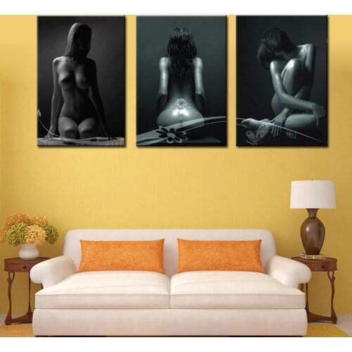 Frameless 3 Panels Black Background for Sexy Women Nude Back Pictures Canvas Print Modern Wall Art for Bedroom Decoration