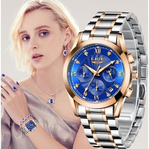 LIGE Women Watches Top Brand Luxury Sport Stainless Steel Quartz Waterproof Watch Women Fashion Blue Watch Ladies Montre Femme