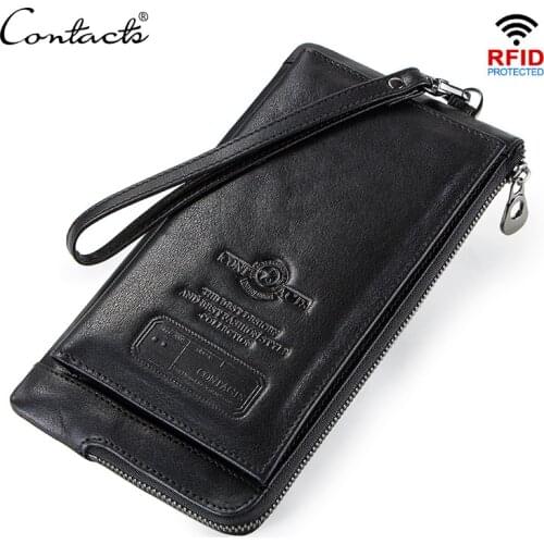 CONTACTS Clutch Wallet for Men Genuine Leather RFID Zip Purse Phone Card Holders Long Male Walet Hasp Coin Pocket Mens Cuzdan