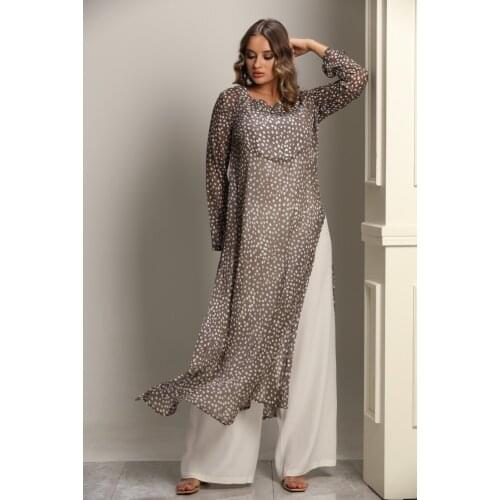 Three-Pieces Suite with White Pants Chiffon Suite Set Muslim Set Wide Pants and with Pockets