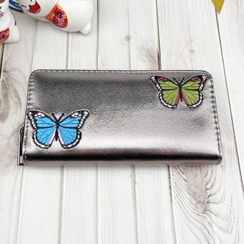 Embroidery Butterfly Wallet Plain PU Leather Silver Wallet for Women Fashion Zipper Card Holder Money Bag Wholesale