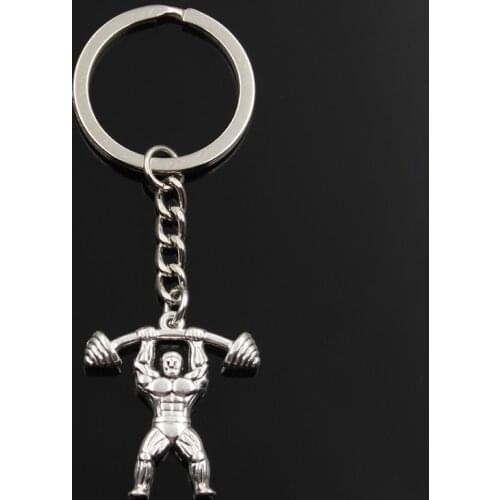 Fashion Keychain 31x28mm Fitness Muscular Man Lifting Barbell Silver Color Pendants DIY Men Jewelry Car Key Chain Ring For Gift