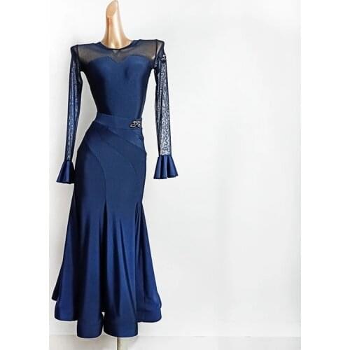Womens National Standard Dance Clothes New Mesh Long-Sleeved Jumpsuit Skirt Suit Ballroom Dance Competition Dress Wear