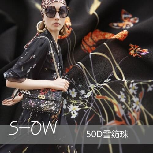 New European and American fashion catwalk chiffon beads printed polyester chiffon fabric womens fabric processing custom