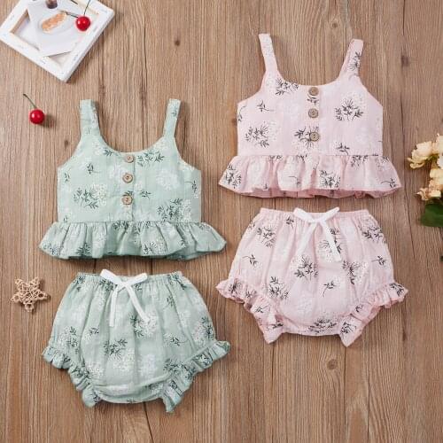 1-5Y Fashion Summer Kids Girls Clothes Sets Floral Button Ruffles Vest Tops+High Waist Shorts Toddler Girl Casual Cotton Outfits