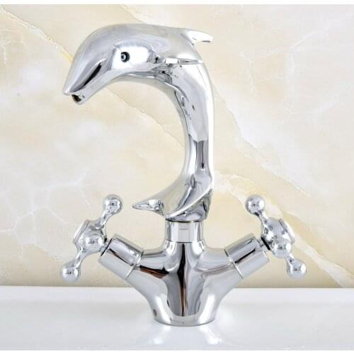 Polished Chrome Brass Swivel Spout Dual Cross Handles Cute Animal Dolphin Style Bathroom Kitchen Sink Faucet Mixer Tap asf855