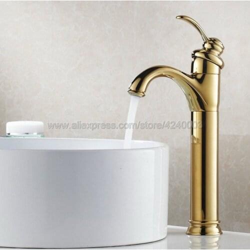 Polished Golden Bathroom Faucet Deck Mounted Basin Mixer Faucet Chrome Sink Tap Vanity Hot Cold Water Faucet Kgf059
