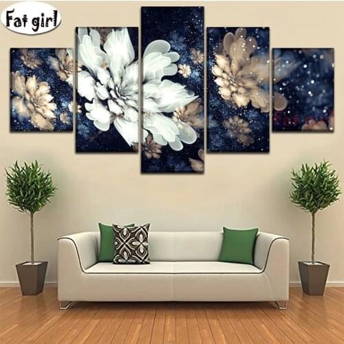 Full Square Round Diy Diamond Painting 5 Pieces White Glitter Artistic Flower Diamond Embroidery Rhinestones mosaic wall art kit