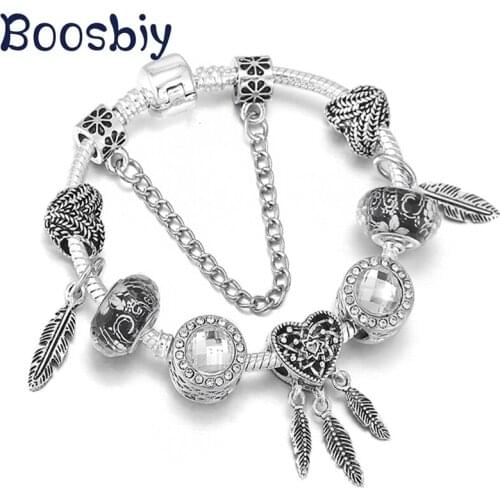 Simple Feather Charm Beads Fits Silver Plated Snake Chain Charm Bracelet For Women DIY Romantic Summer Style Jewelry Gift