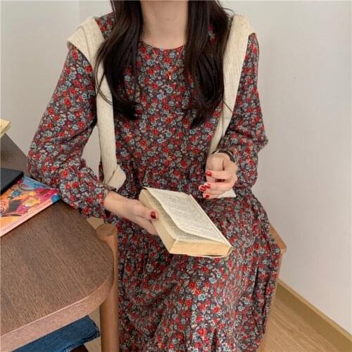 Printed Flowers Chiffon Korean version sanded Loose O Neck Floral Vintage Long Sleeve Long Maxi Dress Vestidos Women dress 918E