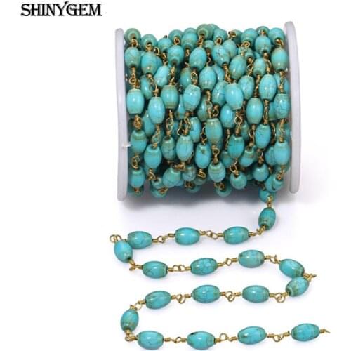 ShinyGem Natural Irregular Turquoise Bead Chain 24K Gold Plated Rosary Multicolor Round Bead For DIY Jewelry Making 5M Wholesale