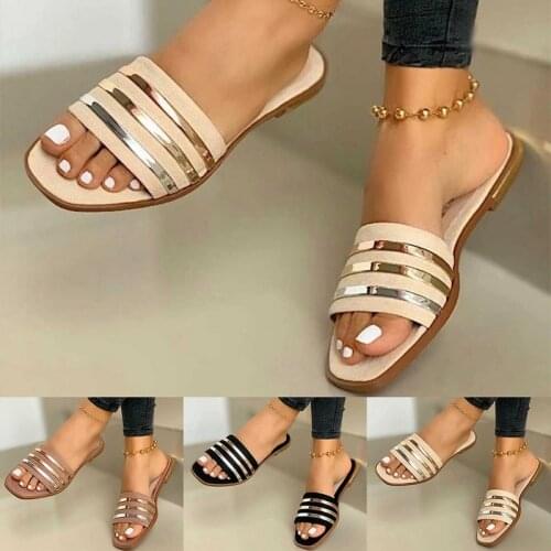 Ladies Slippers Beach Summer Shoes Women Slip on Bling Gold Flat Slides Outdoor Shoes Female Casual Sandals Plus Size