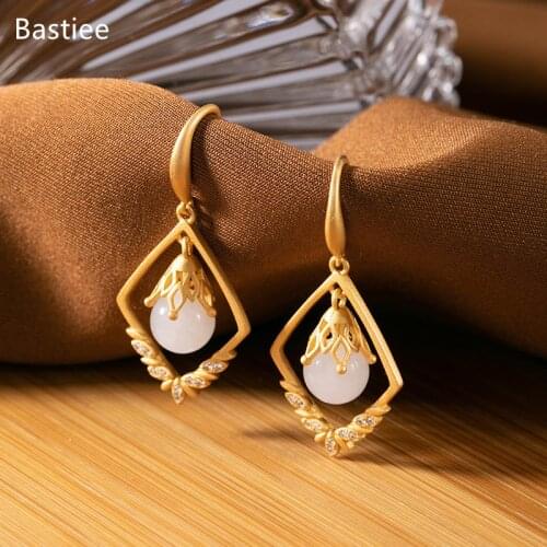Bastiee Earrings For Women Geometric Silver 925 Jewelry Vintage Jade Korean Earrings Golden Plated Sterling Silver