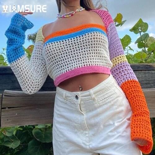 IAMSURE Hollow Out Striped Knoted Crop Top Casual Square Collar Long Sleeve Sweater Pullovers Women 2021 Fashion Streetwear Y2K