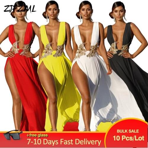 Floral Patchwork Elegant Fit and Flare Long Dress Women Deep V Neck Sleeveless Party Dress Summer Side High Split Beach Dress