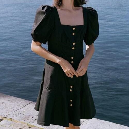 Women Square Collar Mini Dress 2021 Summer New Ladies Single-Breasted Puff Sleeve Short Dresses Back with Chain