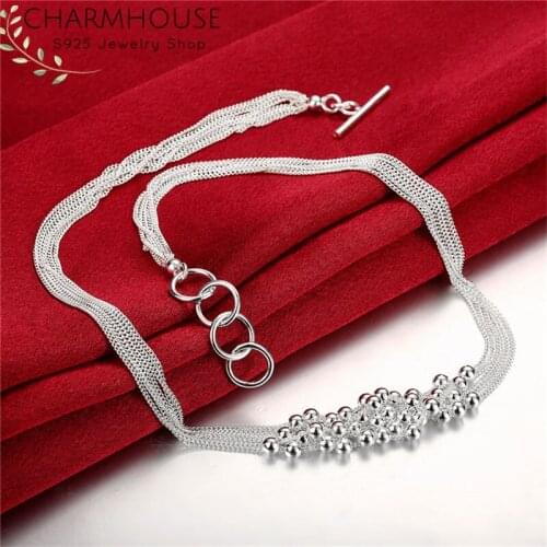 Silver 925 Necklaces For Women 6 Lines Beads Pendant & Necklace Link Chain Collier Choker Fashion Jewelry Accessories Bijoux