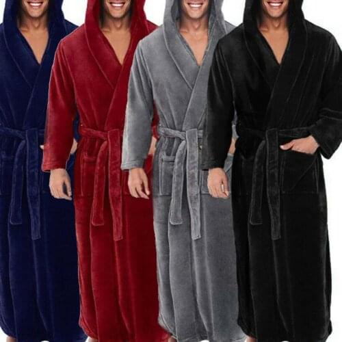 Winter Warm Bath Robe Men Bathrobe nightgown Soft Coral Fleece Hooded bathrobes Long Bath Robe Mens Bathrobe Home Sleepwear