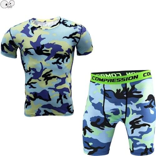2020 Camouflage MMA Fitness Compression Shirts+Shorts Set Men Quick Dry Running Yoga Camo Short Sleeve T Shirt Skin Tights Sets