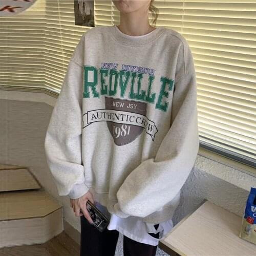 Plus Velvet Casual Warm Pullover Sweatshirts Female Clothing Women Long Sleeve Sweetshirt Loose Letter Printing Crew Neck Tops