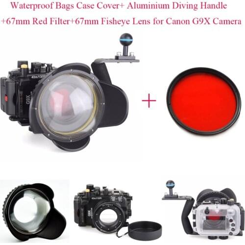 40m/130ft Underwater Diving Camera Housing Case for Canon G9X + 67mm Fisheye Lens + Aluminium Diving Handle + 67mm Red Filter