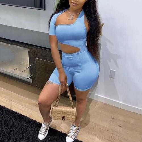 OMSJ Casual Streetwear Irregular Jumpsuit Shorts One-shoulder Halter Backless Hollow Out Slim Fashion Womens Playsuits Outfits