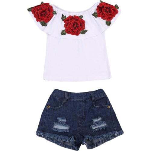 2pc Set Summer Kids Clothes Girls 3D Flower Print Sleeveless Ruffle Round Neck Pullover T-Shirts Girl Denim Hole Pants