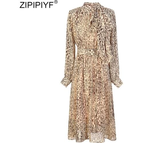 Leopard Dress 2020 Women Chiffon Long Beach Dresses Slim Long Sleeve Stand Collar A-line Sexy Party Dress Vestidos de fiesta
