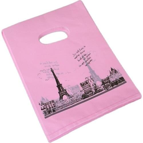 Hot Sale European Style Wholesale 100pcs/lot 15*20cm Pink Eiffel Tower Packaging Bags Plastic Christmas Gift Bags