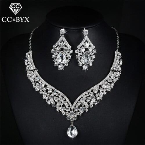 CC wedding jewelry Luxury necklace and earring sets cubic zircon water drop heart design bridals jewelry set for lovers D022
