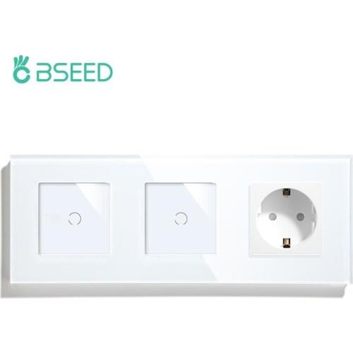 BSEED Wall Light Switch 2Gang 1Way LED Sensor Switch With Power Socket EU Standard No Nuetral Wire Blue Backlight Crystal Glass