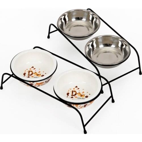 New Fashion Dog Feeders Bowl Iron Frame Stainless Steel Ceramics Double Mouth Dog Bowl High Grade Antiskid Pet Supplies