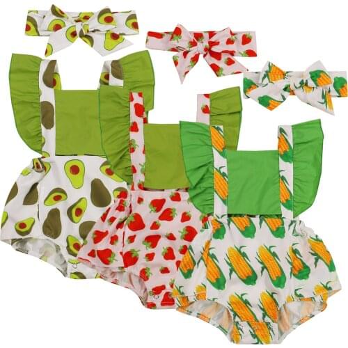 New 2 Pcs Summer Outfits, Baby Girls Avocado/Strawberry/Corn Print Fly Sleeve Square Collar Romper + Bowknot Headband