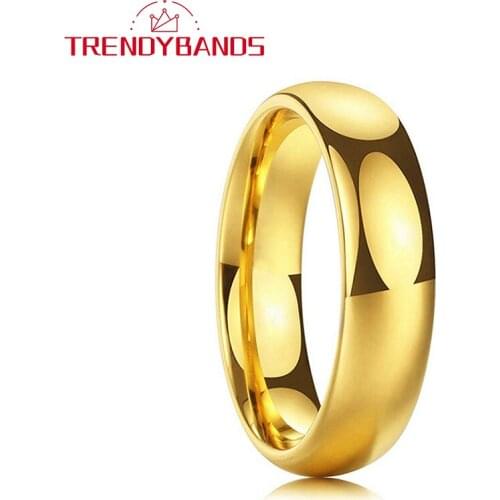 6mm Gold Womens Wedding Band Mens Tungsten Carbide Rings Dome Band Polished Shiny Comfort Fit